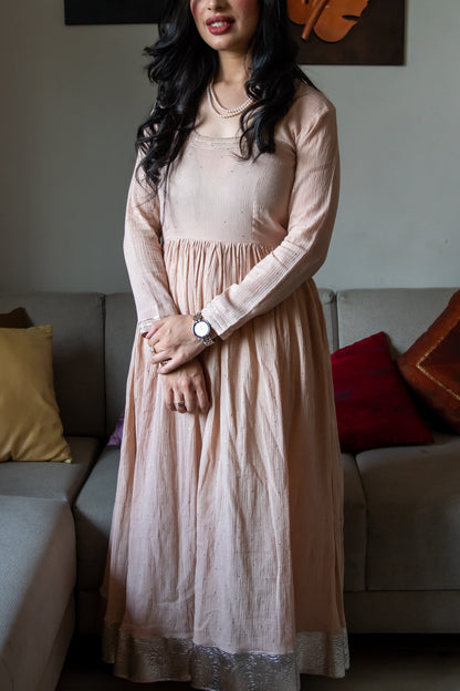 Beige Cotton Crush Mukaish Anarkali
