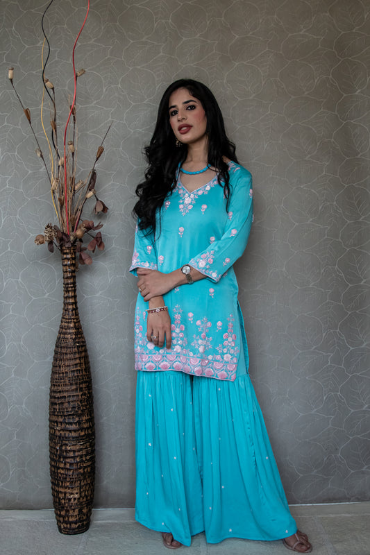 Turquoise Pure Crepe Gharara