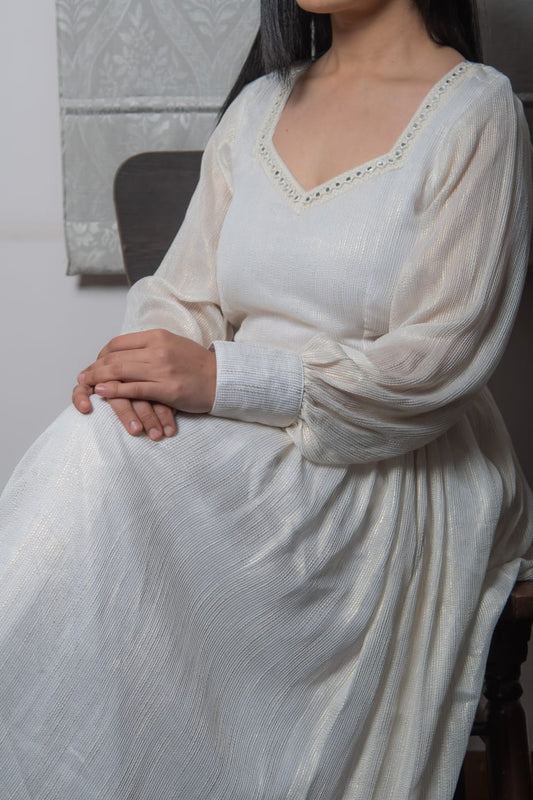 Off White Silk Zari Stripes Gown